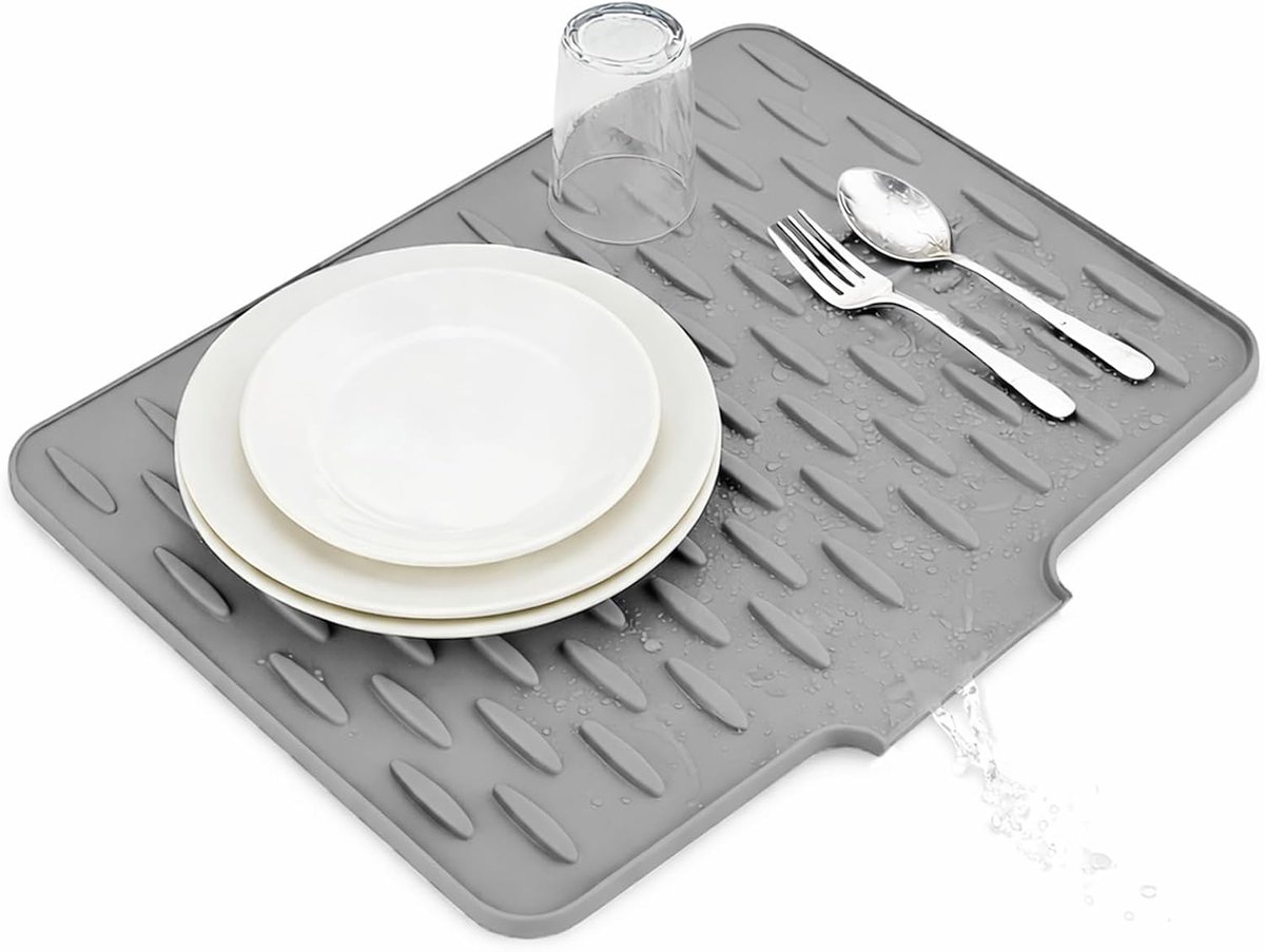 SnelShoppen - Siliconen Afdruipmat met Afvoer Lichtgrijs 40 x 32 cm - Antislip Droogmat Keuken, Hittebestendige Afdruiprek Mat voor Aanrecht en Gootst