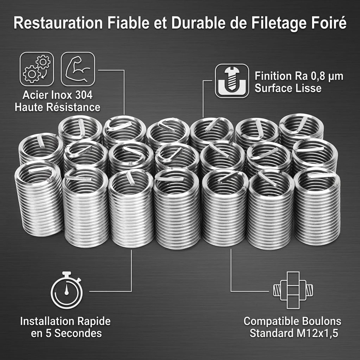 SnelShoppen - 20 Stuks M12 X 1.5 Draad Reparatie Sleeve Set, 304 RVS Helicoil Type Schroef Bushing Assortiment Kit voor CNC Machines, 3D Printers en M