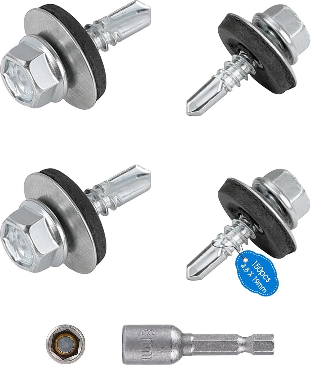 SnelShoppen - 100 stuks zelfborende metalen schroeven Ø4,8 x 19 mm met zeskantige schijfkop en EPDM-sluitringen, zilver, voor doe-het-zelf en bouwproj