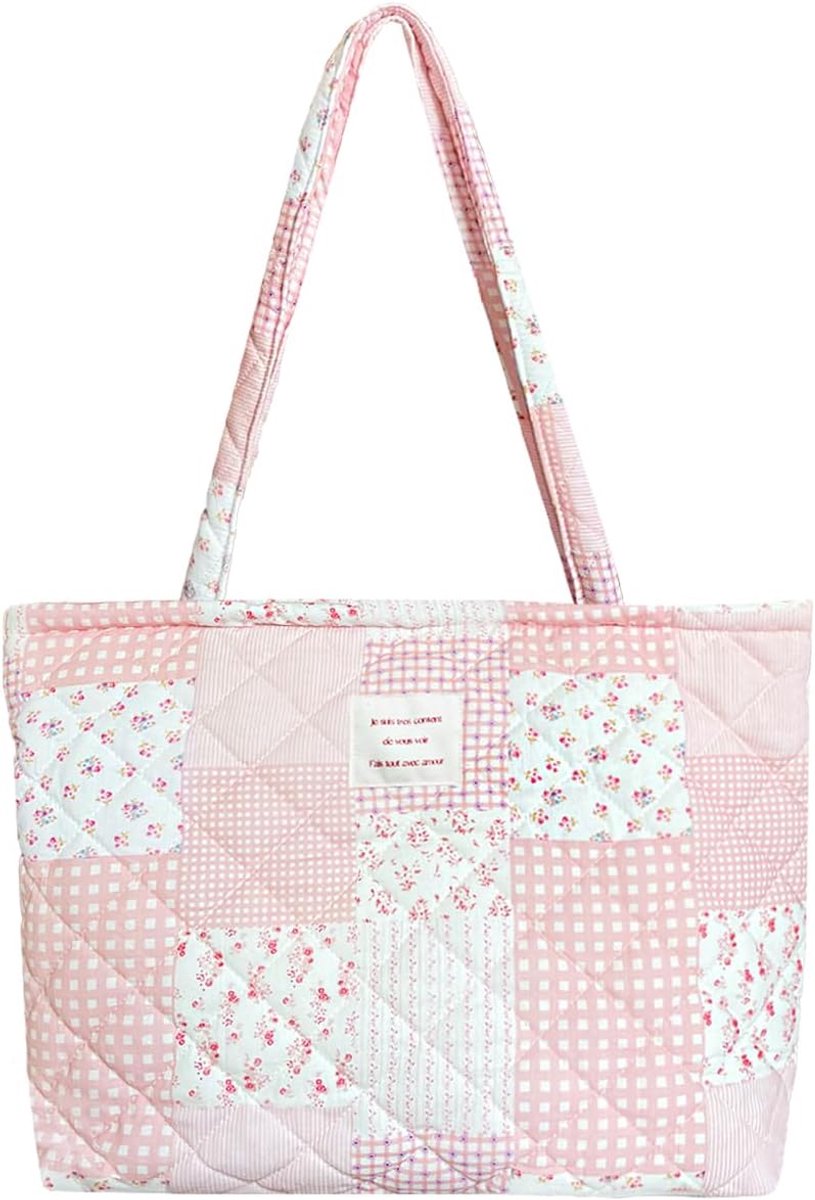 SnelShoppen - Kleine Geborduurde Bloemen Shopper met Rits voor Vrouwen en Meisjes - Vintage Bloemen Motief, Pastel Patchwork, Zachte Katoen, Perfect v