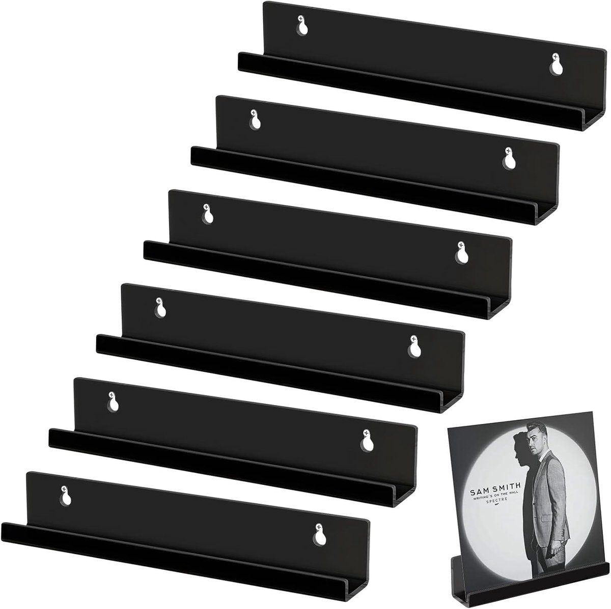 Acryl Wandplank voor Borden, 6 Wandplanken, Zwart, Vinyl Planken, Modern Ontwerp, 30.5 x 4.3 x 4.3 cm, Ruimtebesparend, Decoratief, Multifunctioneel