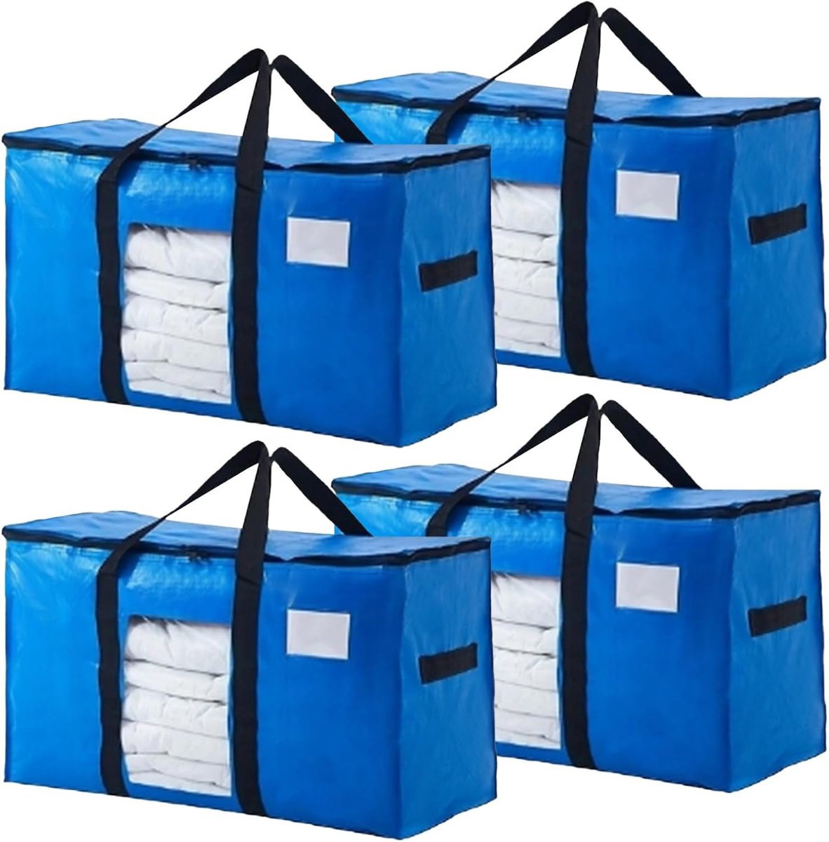 SnelShoppen - 4 Stuks Grote Blauwe Verhuistas met Doorzichtig Venster, 100 L Waterdichte Opbergtas voor Stoffen Beddengoed, Kleding, Dekbedden, Ruime