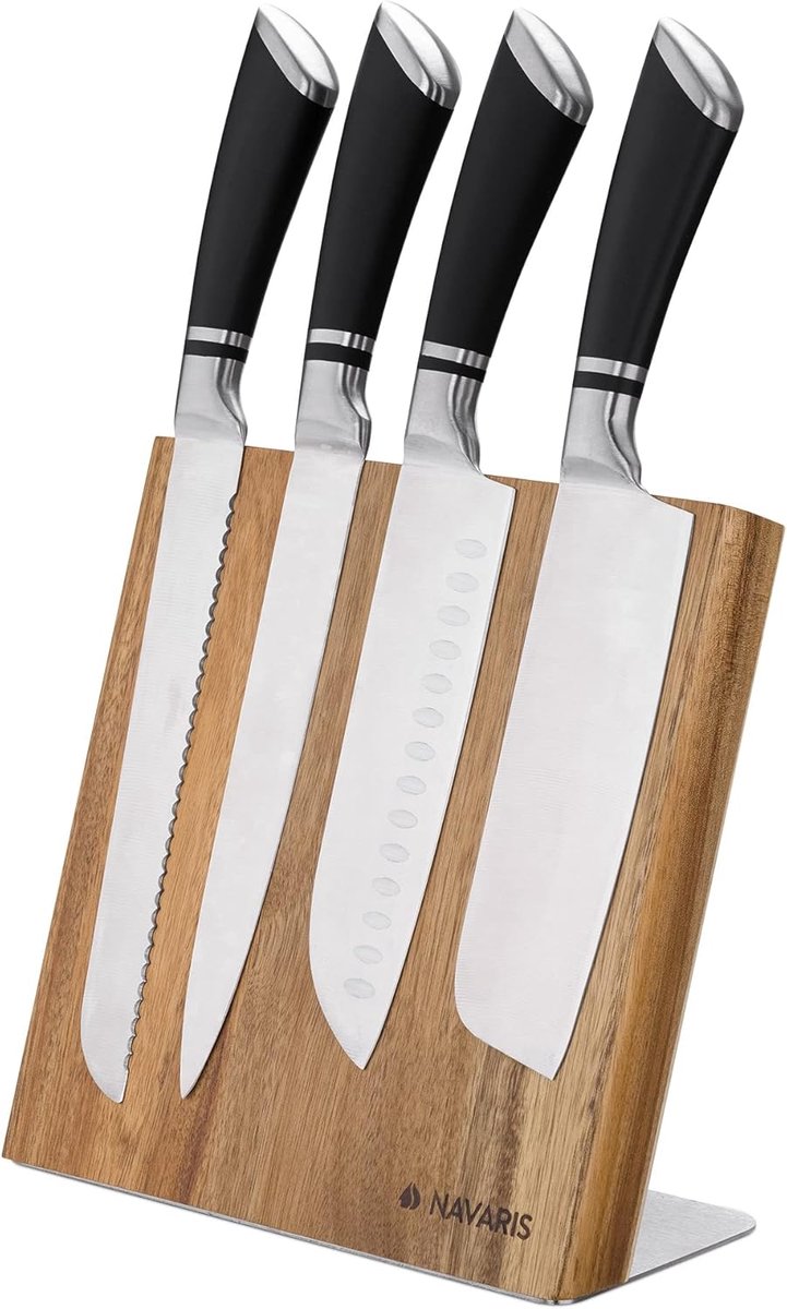 SnelShoppen - Magnetische Messenset Houder van Acaciahout 23 x 22.5 cm - Houten Organizer voor Keuken, Bruin, Minimalistisch Design met RVS Basis