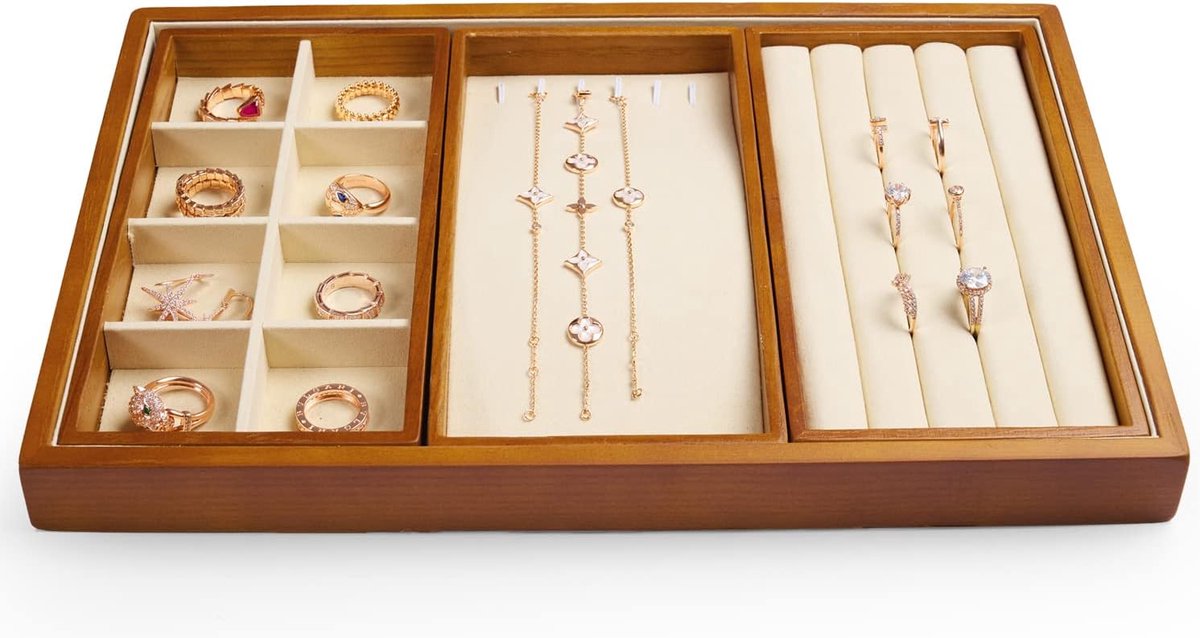 SnelShoppen - Stapelbare Houten Sieraden Organiser 4 in 1 voor Ringen, Oorbellen, Armbanden, Kettingen, Organizer voor Lade, Crème Wit