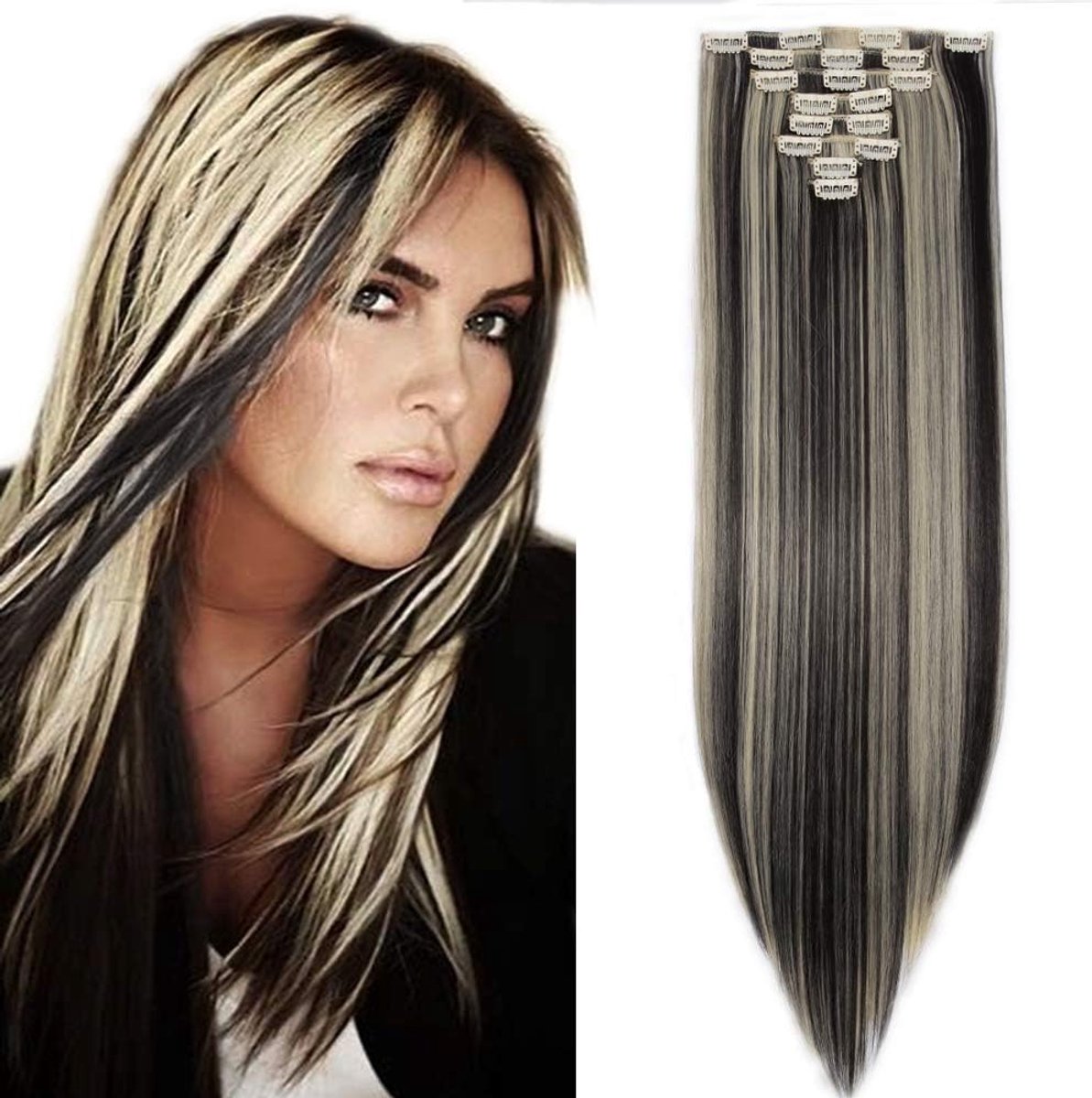 SnelShoppen - Clip-in Haarextensions 8 Strengen Natuurlijke Zwart & Gebleekte Blond 66cm - 140g Recht Haar voor Feest & Dagelijks Gebruik