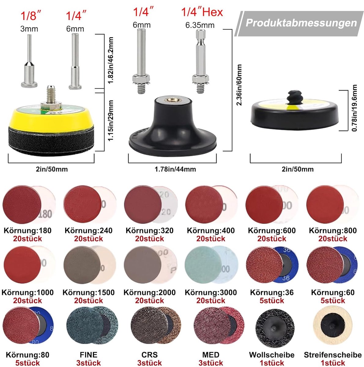 SnelShoppen - 234 stuks slijpschijvenset 50 mm voor boormachine, 1/4 inch snelwisselschacht, korrel 35-3000, met polijstpad en adapter, geschikt voor
