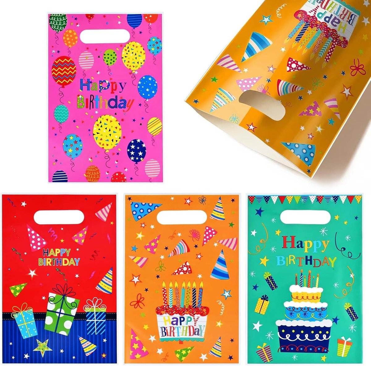 Plastic verjaardagszakjes 50 stuks - kleurrijk ontwerp - 25 x 16,5 cm - ideaal voor cadeautjes - ShopVlot