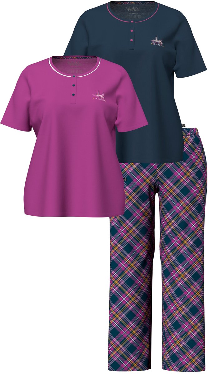 Ulla Popken - Dames - Pyjama driedelig ruitpatroon ronde hals korte mouwen - Bes - Maat 58+