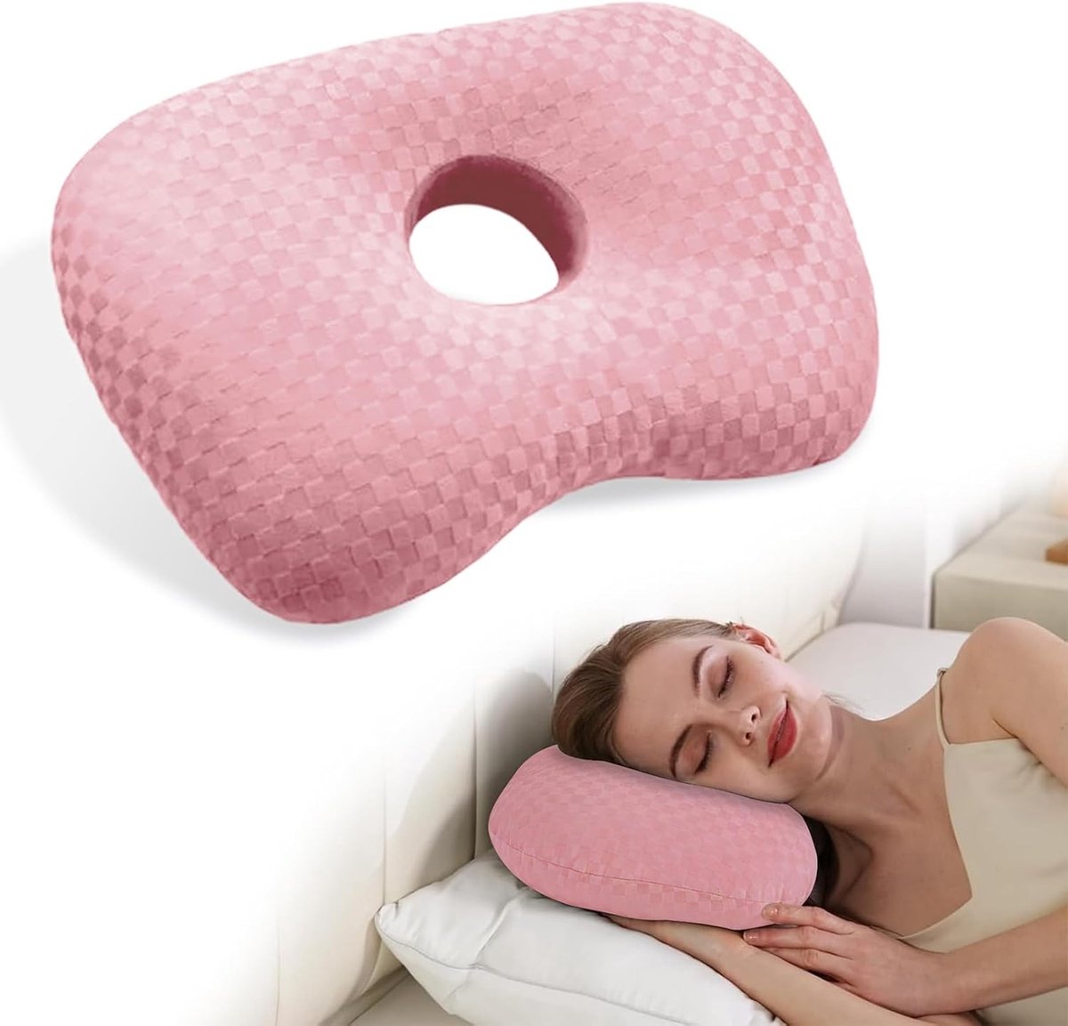 Ergonomisch Slaapkussen voor Zijslapers, Verstelbaar Katoen en Polyester, Vermindert Oorpijn en Druk, Geschikt voor Gevoelige Oren, Comfortabel en Ondersteunend (Roze)