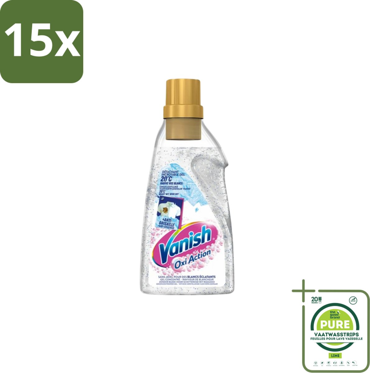 15 x Vanish - Vlekverwijderaar - Oxi Action Booster Gel Whitening - Voor Witte Was - 750 ml - Grootverpakking - Witte Was - Vlekkenverwijderaar - Witwas - Vlekken Verwijderen - Wasmiddel