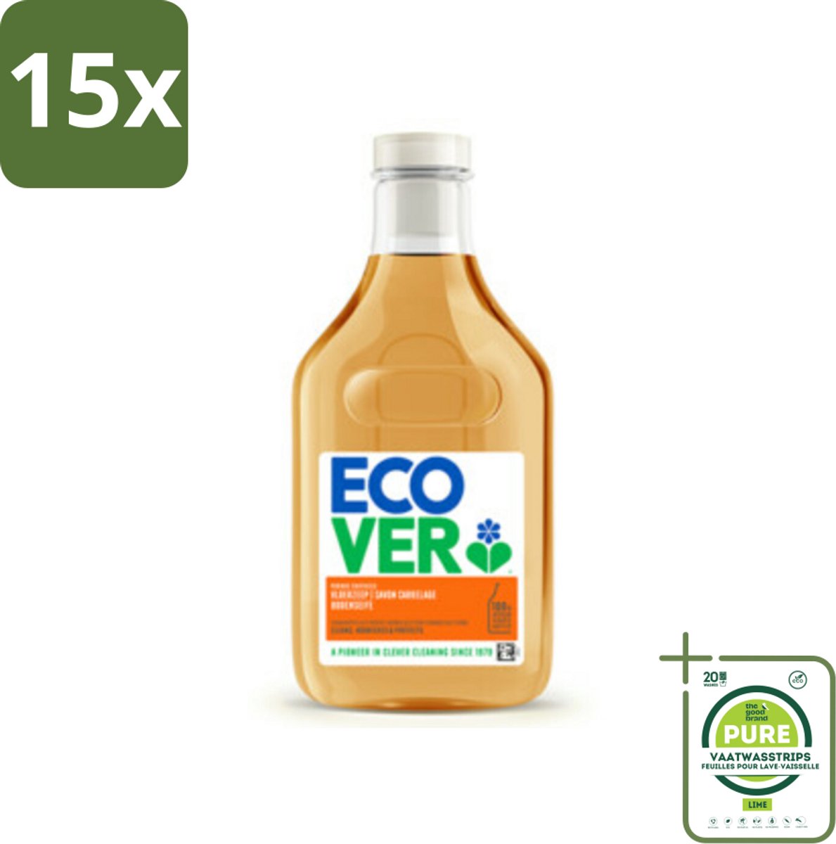 15 x Ecover - Vloerzeep - Sinaasappel & Citroen - 1 liter - Grootverpakking - Vloerzeep - Natuursteen - Tegels - Beton - Milieuvriendelijk