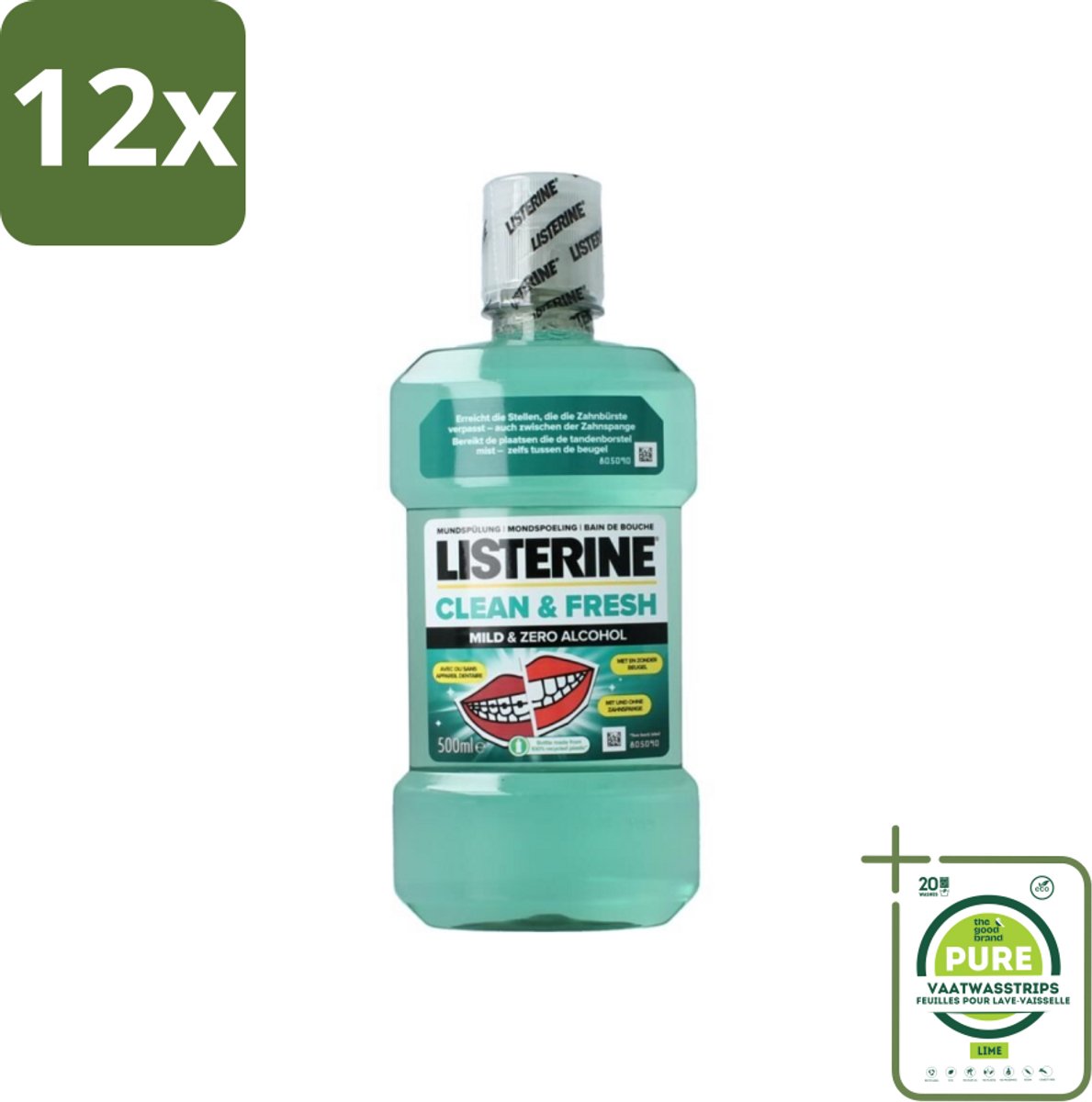 Listerine – Mondwater – Clean & Fresh – Zonder alcohol – 500 ml - Voordeelverpakking - 12 stuks - Mondspoeling - Mondhygiëne