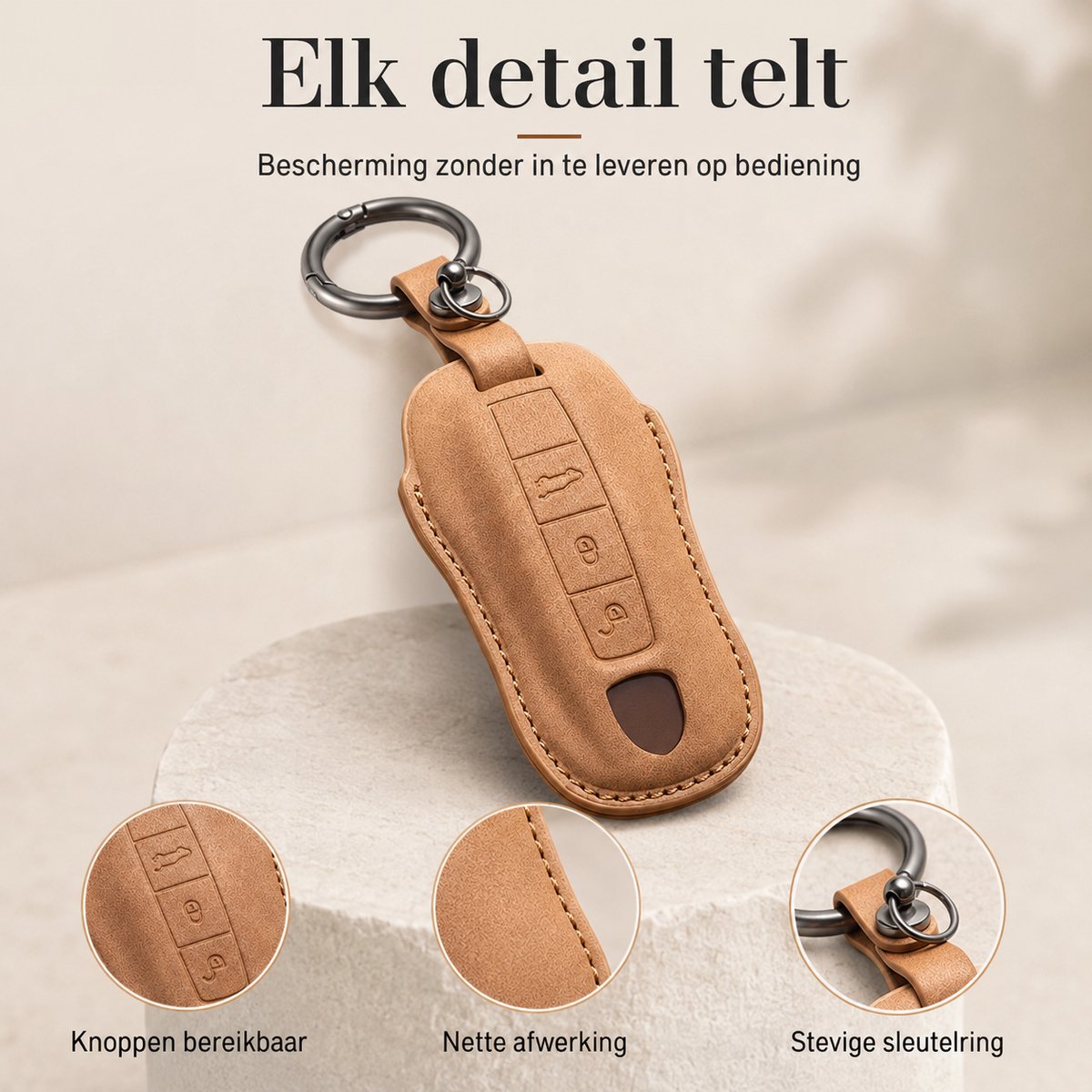 Autosleutelhoes Geschikt voor Porsche – Luxe PU-Leren Sleutelcover Type A met Metalen Karabijnhaak – Volledige Beschermhoes voor Macan, Cayenne, Panamera, Taycan, 718 en 911 – Desert Cognac