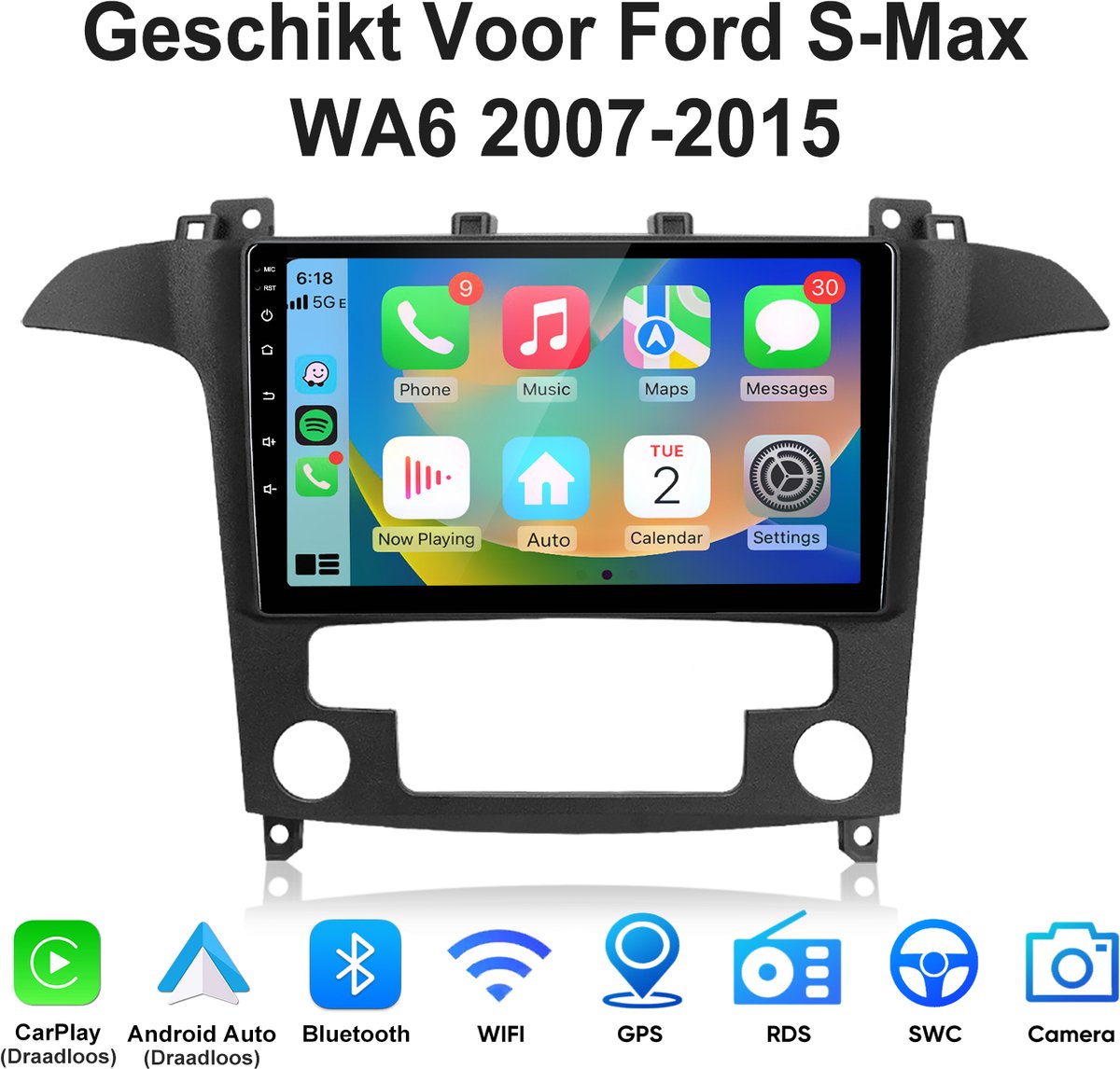 Junsun Android Autoradio Geschikt Voor Ford S-Max WA6 2007-2015 - 4GB+64GB - Draadloze Andriod Auto CarPlay - 9 inch Touchscreen - GPS Multimedia Navigatiesystem - WiFi - Stuurwielbediening - RDS - USB