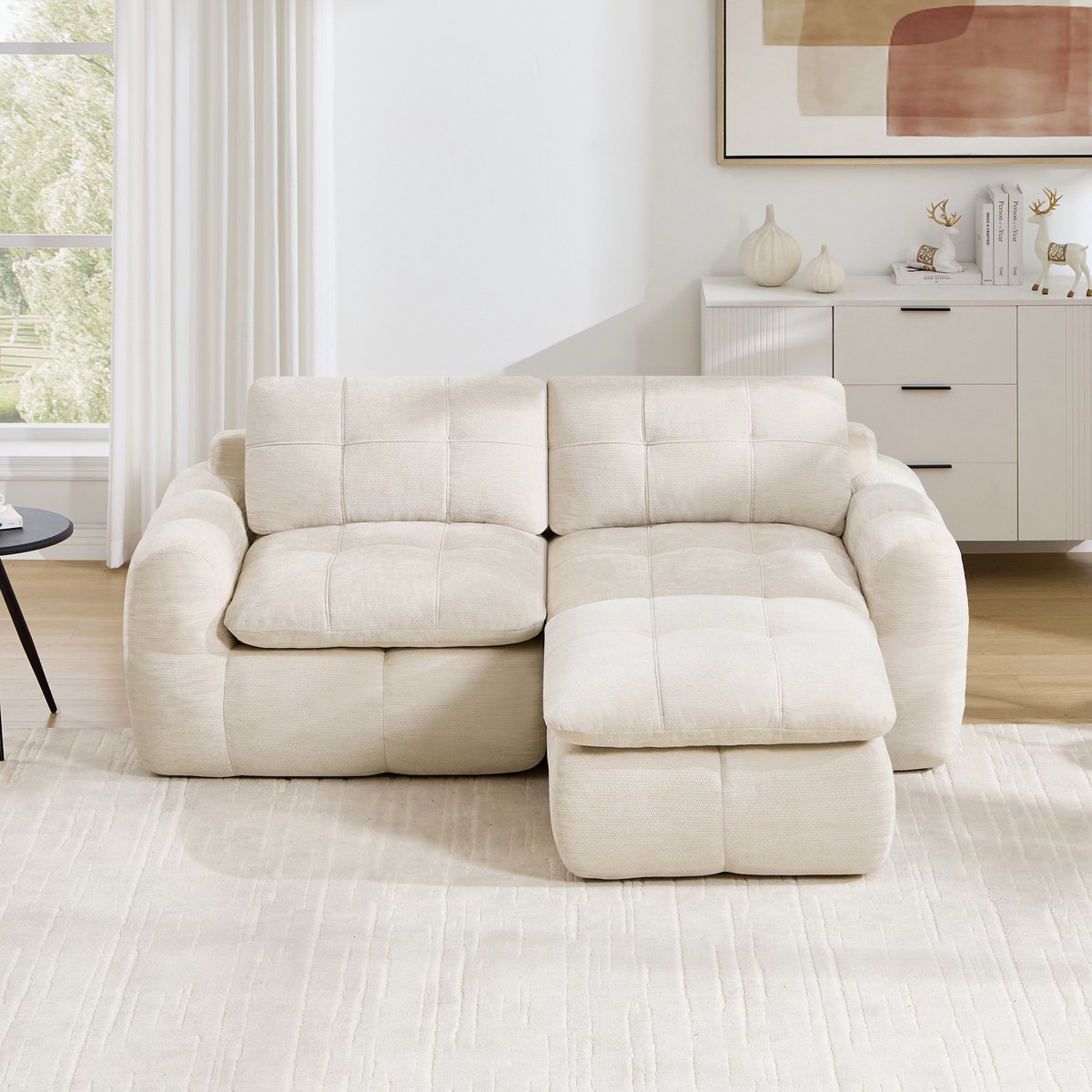 Intebiki 2-zits Hoekbank - Chenille stof - Modulaire L-vormige bank - Geen montage nodig - inclusief 1 poef - beige