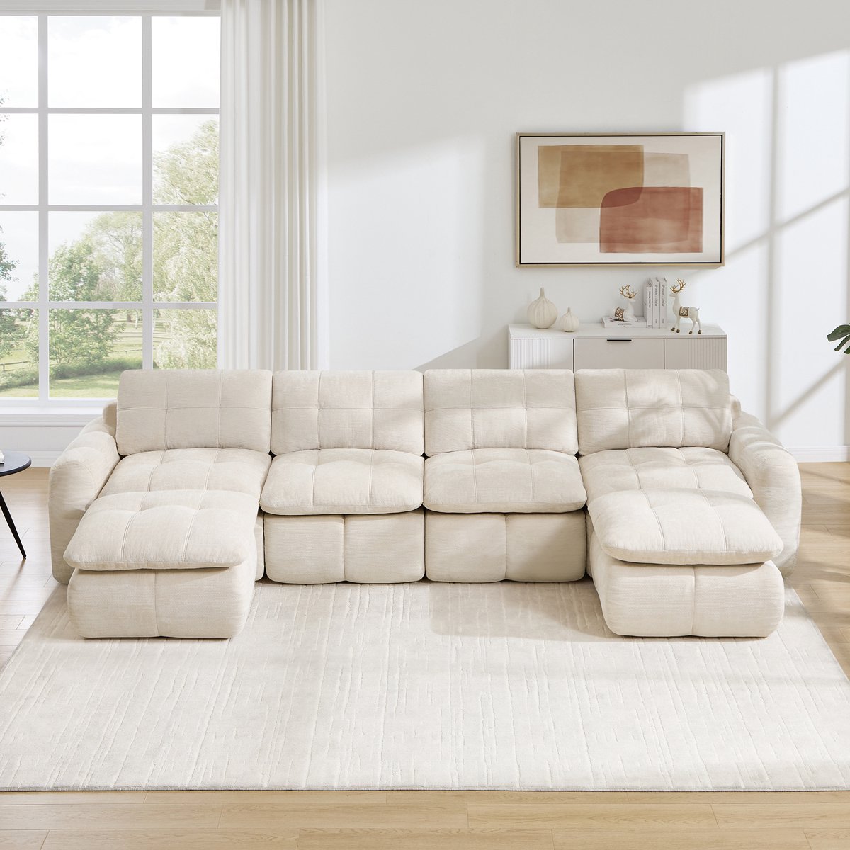 Intebiki Hoekbank - Chenille stof - Modulaire L-vormige zitbank - Geen montage nodig - inclusief 2 poef - beige