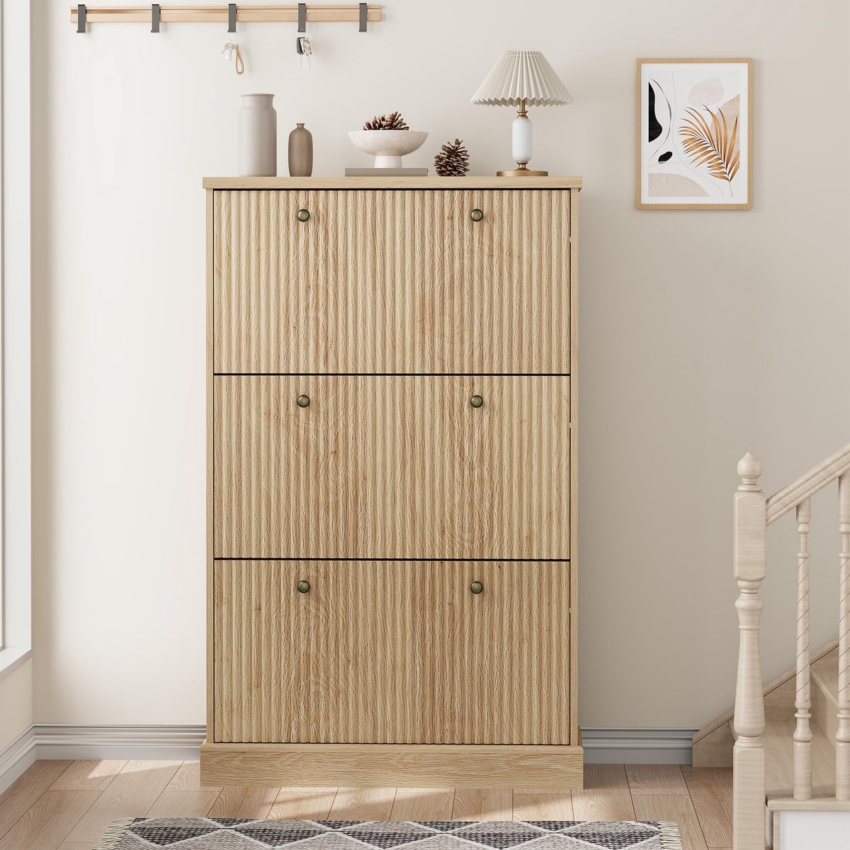 Triumpunpre Schoenenkast met 3 Klaplades - MDF Schoenopberger met Golvend Paneel Ontwerp voor Gang, Slaapkamer en Entree - Naturel Houtkleur