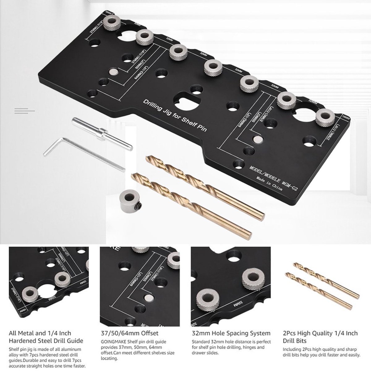 Plankpenmal, 6,35 mm verstelbare plankboorgeleider, plankboormal, 1/4" rechte aluminium plankpenboormal