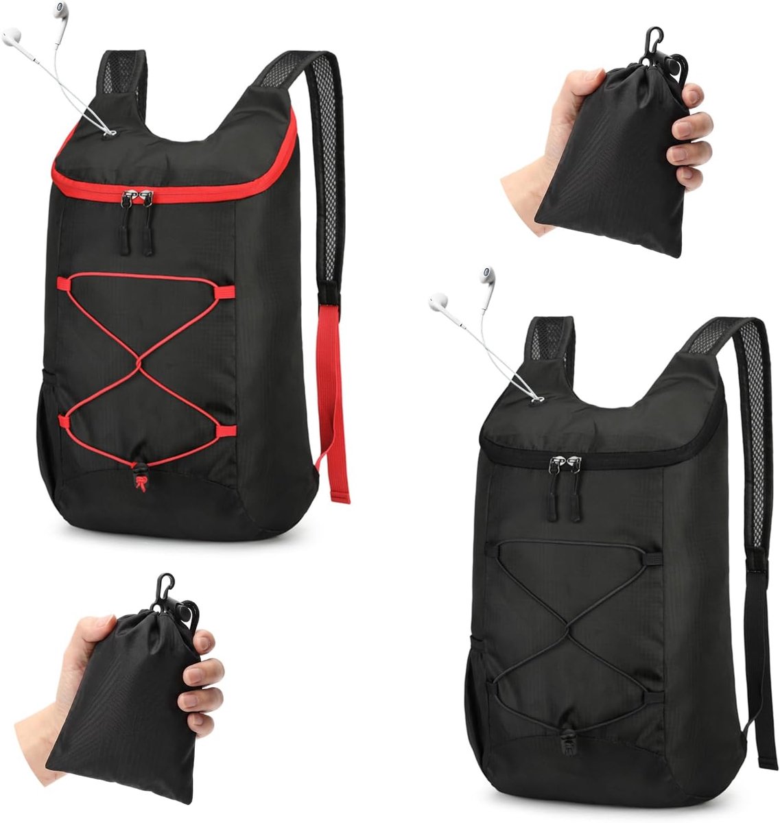 Opvouwbare Rugzak 2 Stuks - Ultralichte Waterdichte Travel Rucksack met Koptelefoonaansluiting - Compacte Rugzak voor Heren en Dames - Zwart