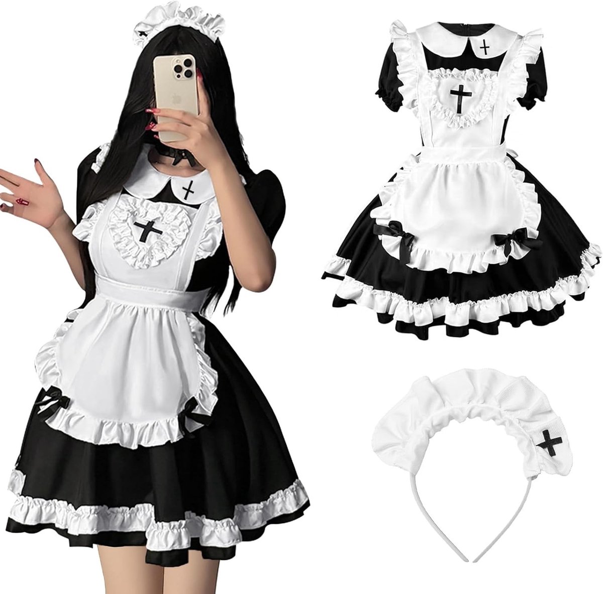 Schattige Franse Maid Dress met Hartvorm voor Cosplay, Perfect voor Halloween, Feest en Rollenspel met Hoofdband en Schort