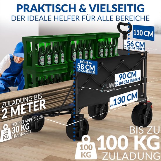 Opvouwbare bolderkar - Tuinwagen strandkar - Spullen vervoeren - Met rem achterklep - 130 liter volume - Zwart van Opvouwbare Bolderkar — afbeelding 4