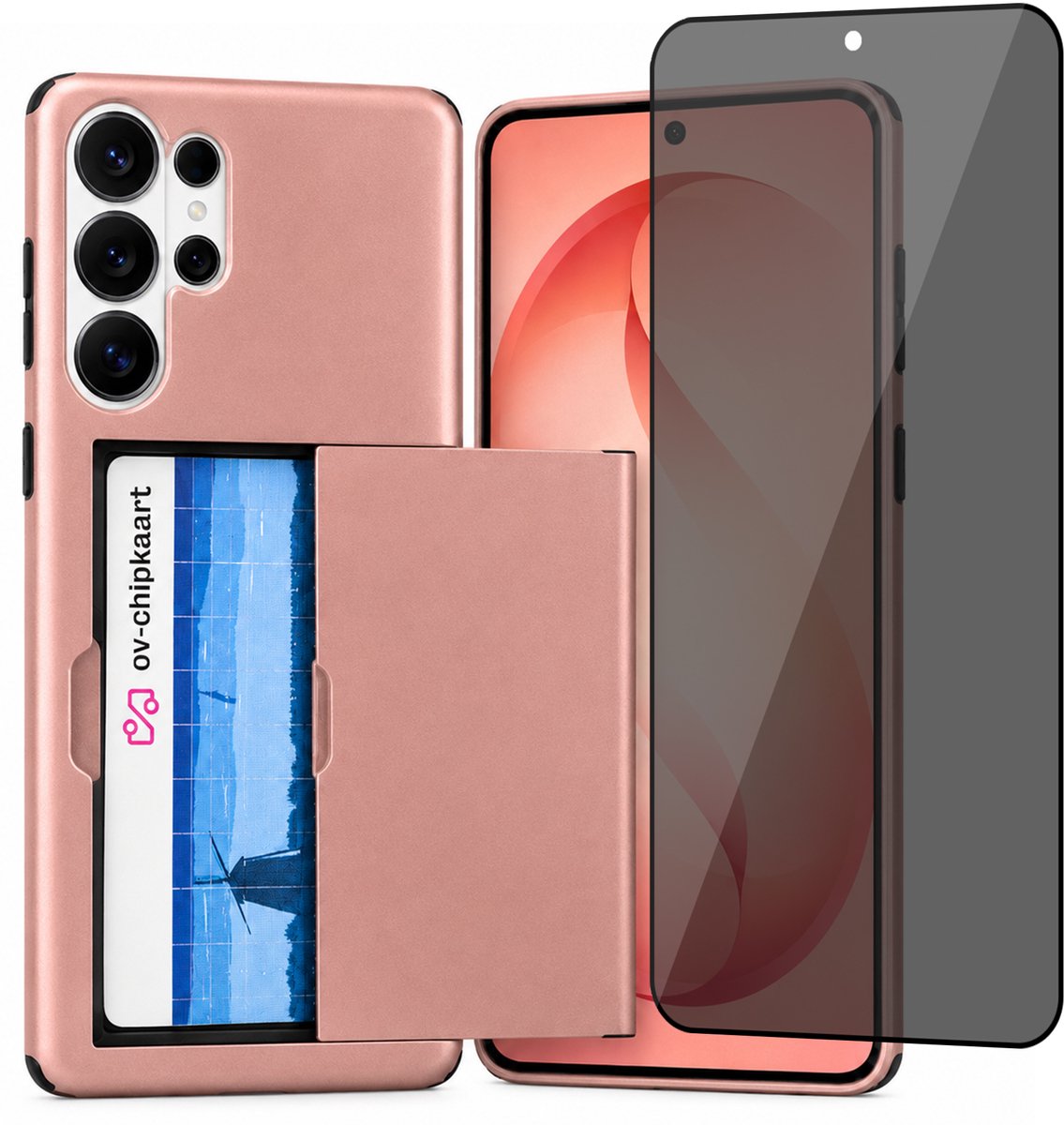 Hoesje met Pasjeshouder geschikt voor Samsung Galaxy S26 Ultra – Back Cover Slide Case – Roségoud – Privacy Screenprotector – Anti Inkijk