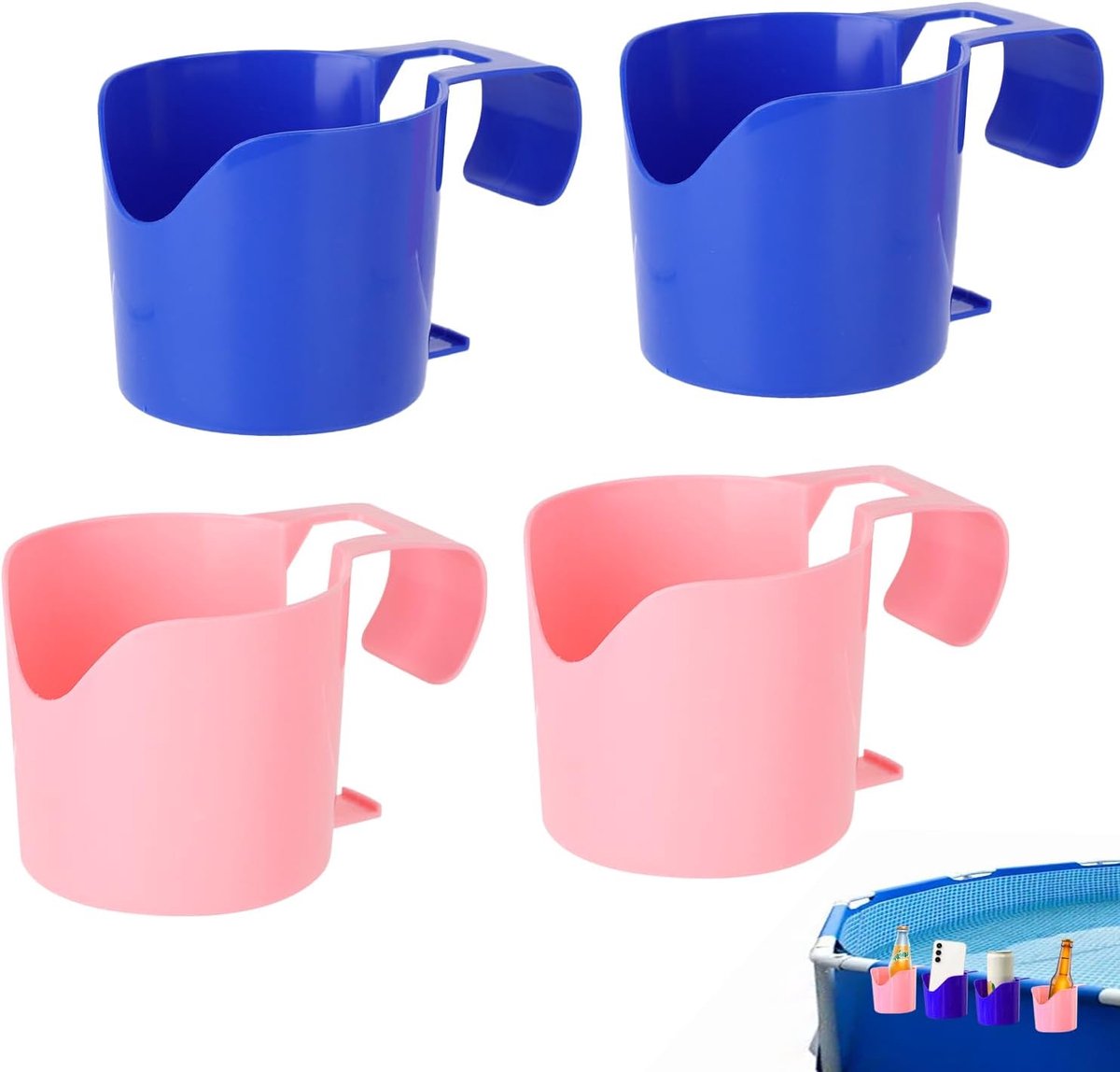 SnelShoppen - Set van 4 Pool Bekershouders, Zwembadrand, Kunststof Drinkhouders voor Dranken, Mobiele Telefoon, Bier, Cocktails, Zonnebrillen, Blauw/R