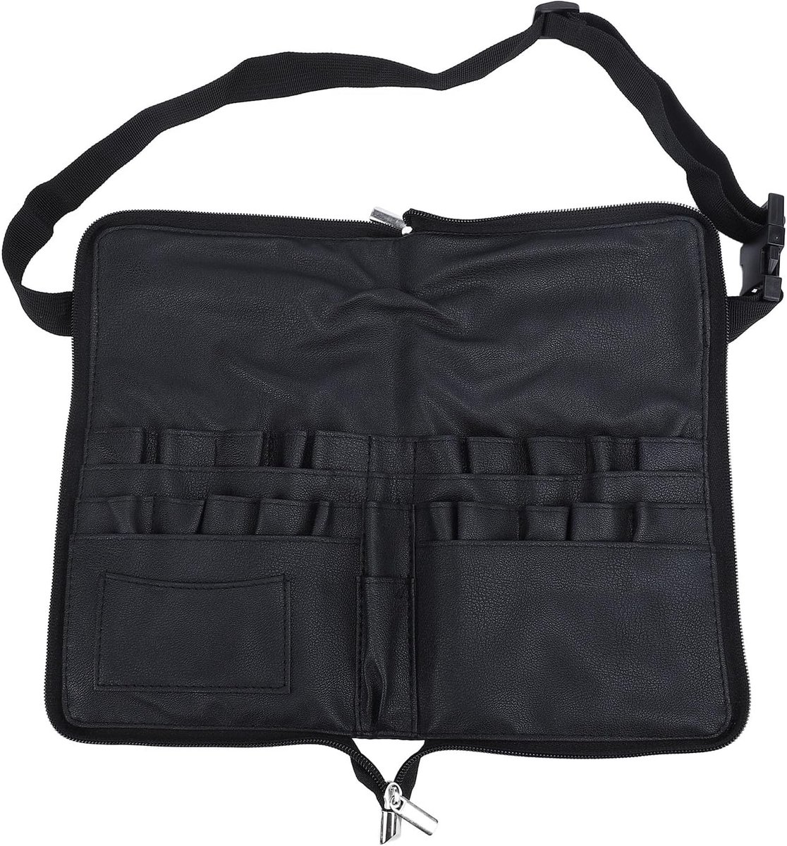 SnelShoppen - Makeup Borstelhouder met 23 Vakken, Draagbare Borstel Tas met Verstelbare Band, Voor Make-up Artist en Beautician, PU Materiaal, Zwart,