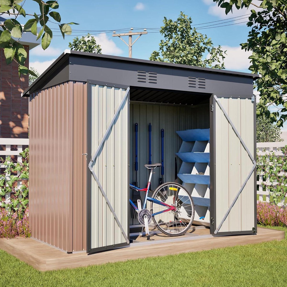 Gereedschapsschuur Metaal - Tuinhuisje Opbergbox - Tuinopslag Fietsen - Weerbestendig Verzinkt Staal - 242 x 126 x 182 cm - Bruin