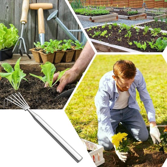 Tuin Houtvork - Tuingereedschap Set - Onkruid Verwijderen - Roestvrij Staal - 5 Klauwen - Zilver — afbeelding 4