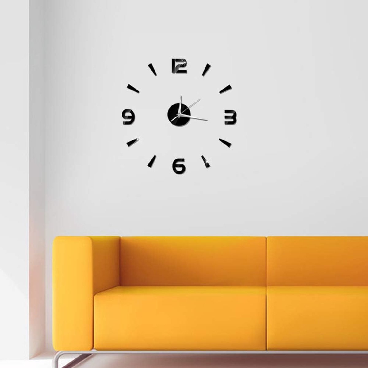 SnelShoppen - Meless Wandklok Zwart, Grote Wandklok, Kenmerkende Wandklok, 3D Wandklok Sticker van 1mm Acryl Spiegel, DIY Wanddecoratie Modern voor Th