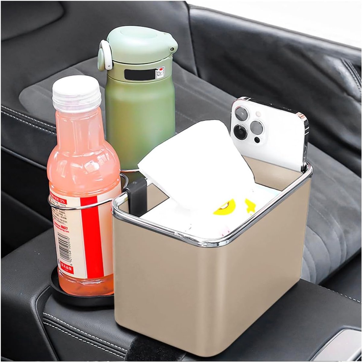SnelShoppen - Multifunctionele Auto Armsteun Opbergbak met Drinkbekerhouder - Waterdichte en Stofdichte Auto Console - Beige Organiser voor Telefoon,