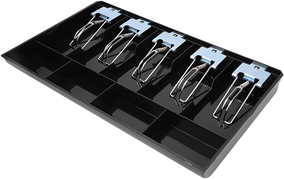 SnelShoppen - Cash Drawer Tray ABS Geldlade met Metaalclip Vijf Compartimenten Zwart - Ideaal voor Supermarkten, Winkels en Hotels