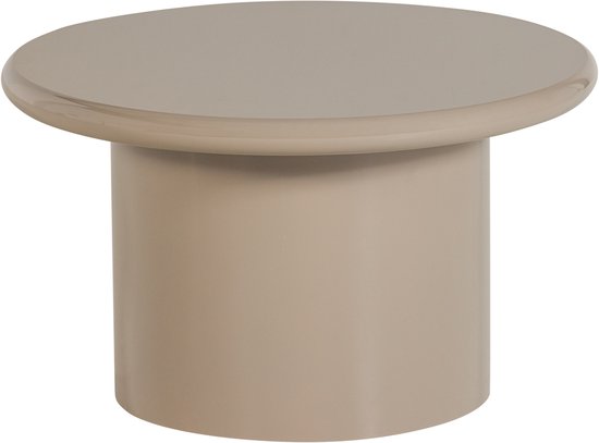 Ronde salontafel in glanzend zandkleurig MDF met een stevig cilindrisch onderstel.