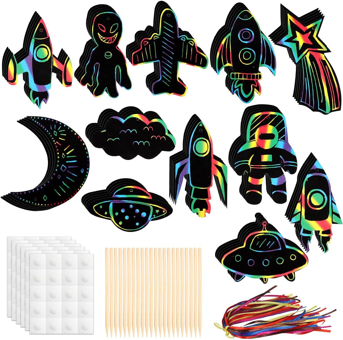 SnelShoppen - 72 Stuks Ruimte Kraskaarten met Raketten, Houten Sticks, Touw en Stickers voor School Activiteiten, Feestjes en Huisdecoratie voor Kinde