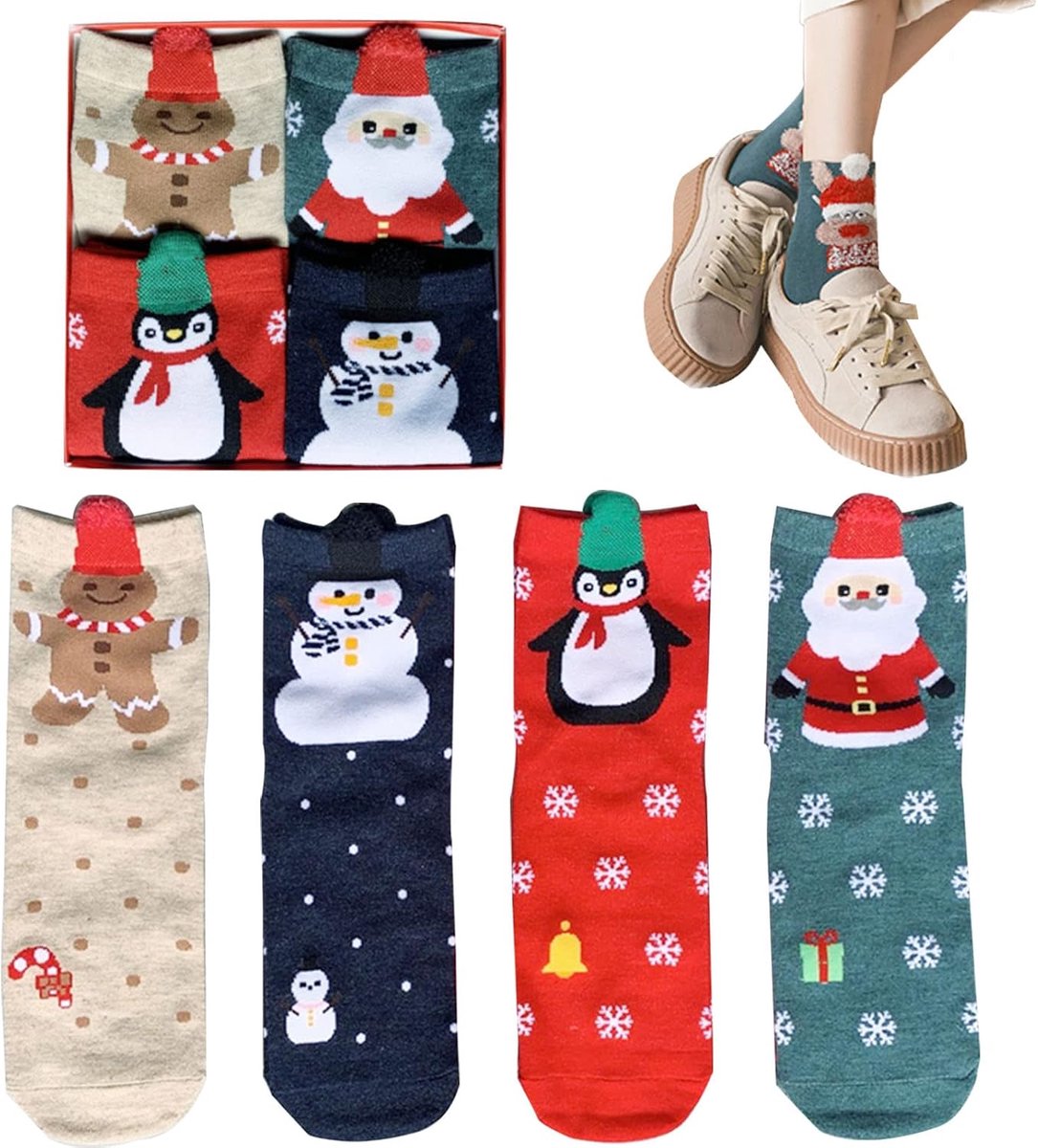 SnelShoppen - 4 Paar Kerstsokken, Warme Katoenen Sokken voor Mannen en Vrouwen, Kleurrijke Grappige Kerstsokken, Feestelijke Sokken voor Kerstmis
