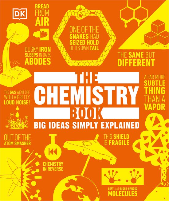 Oranje omslag van "The Chemistry Book" met gele illustraties en tekst. Bevat citaten zoals "Bread from Air" en "Chemistry in Reverse".