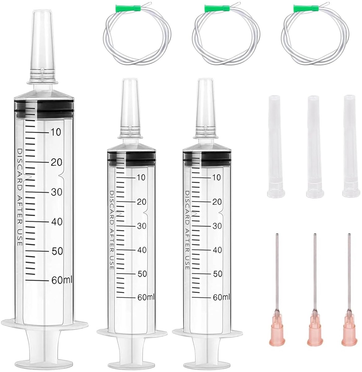 SnelShoppen - Plastic Spuit 60 ml Set van 3 met Deksel, Individueel Verpakt voor Nauwkeurig Meten van Vloeistoffen, Ideaal voor Olie, Tuin, Diervoer,