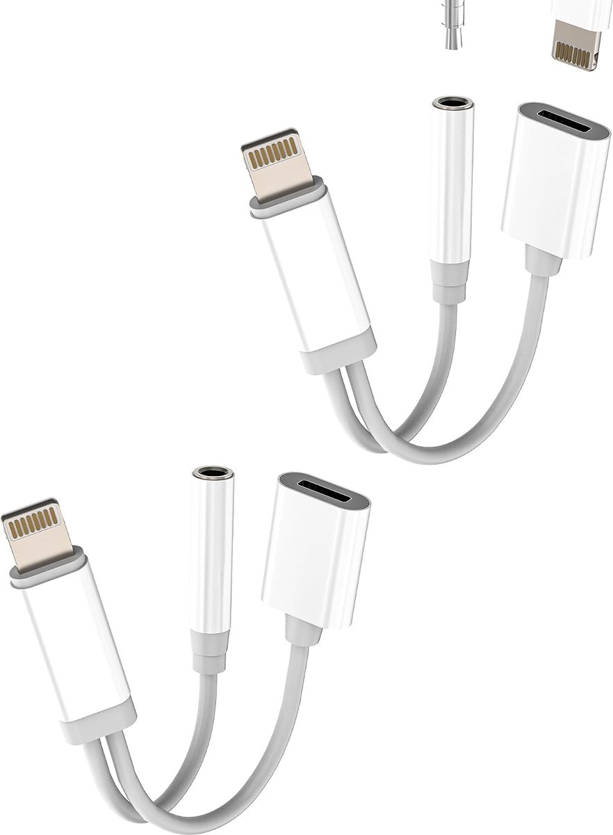 SnelShoppen - Adapter Jack Lightning Naar 3.5mm Hoofdtelefoon Audio Connector Oplader (Set van 2) voor iPhone 14 Pro en iPad, Earphone Splitter AUX Ka