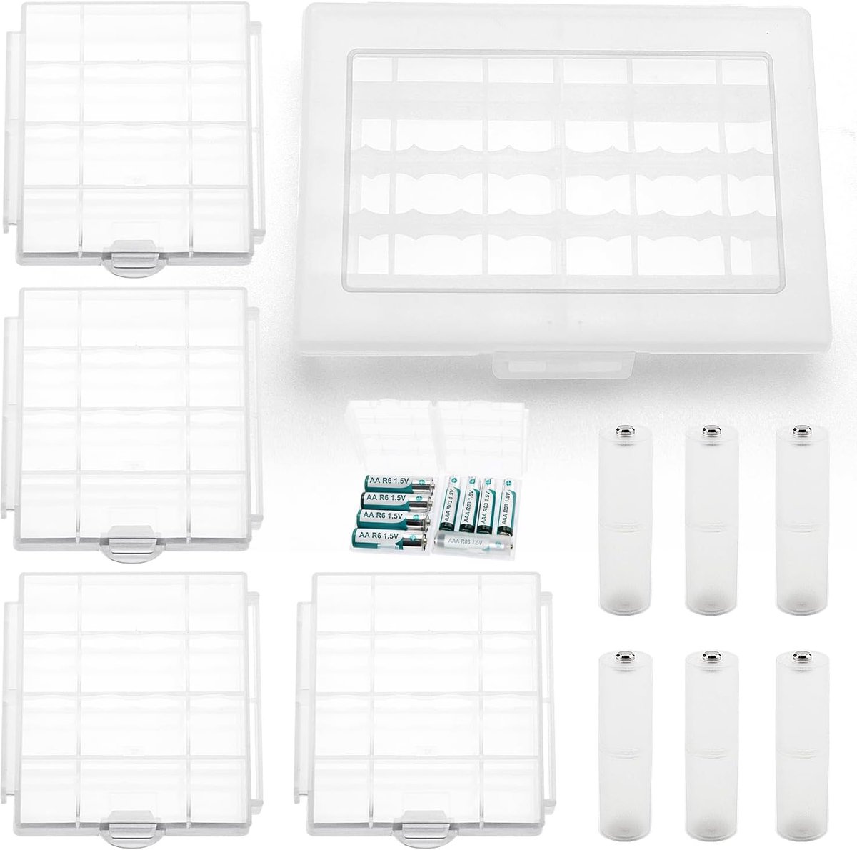 SnelShoppen - 5 Stuks AA/AAA Batterij Opslagdozen Set, Multifunctionele Plastic Batterijhouder met 6 Stuks AAA naar AA Adapter, Voor Opslag en Bescher