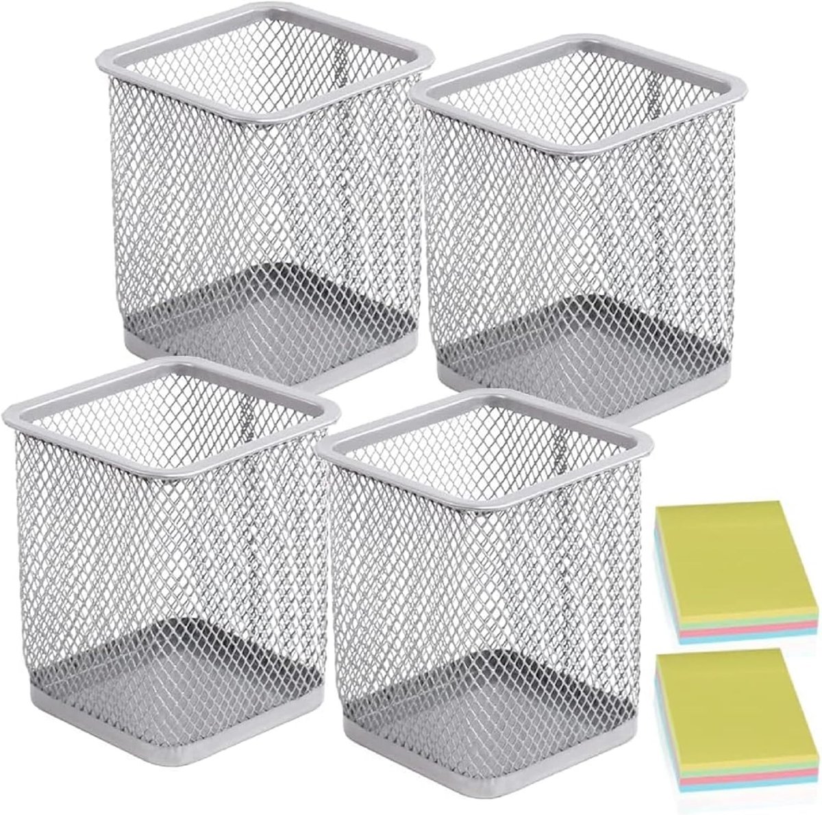 SnelShoppen - 4 Stuks Vierkante Metalen Manden voor Pennen, Multifunctionele Pot voor Potloden, Bureau Organizer voor Thuis, Kantoor en School, Zilver