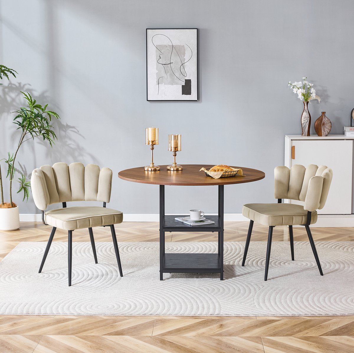 REDOM - Set tafel en stoelen - Ronde eettafel met dubbele opberglagen - 2 stoelen - MDF en metaal - Modern - Kleine woningen - Lichtbruin walnootlook zwart - 107 cm