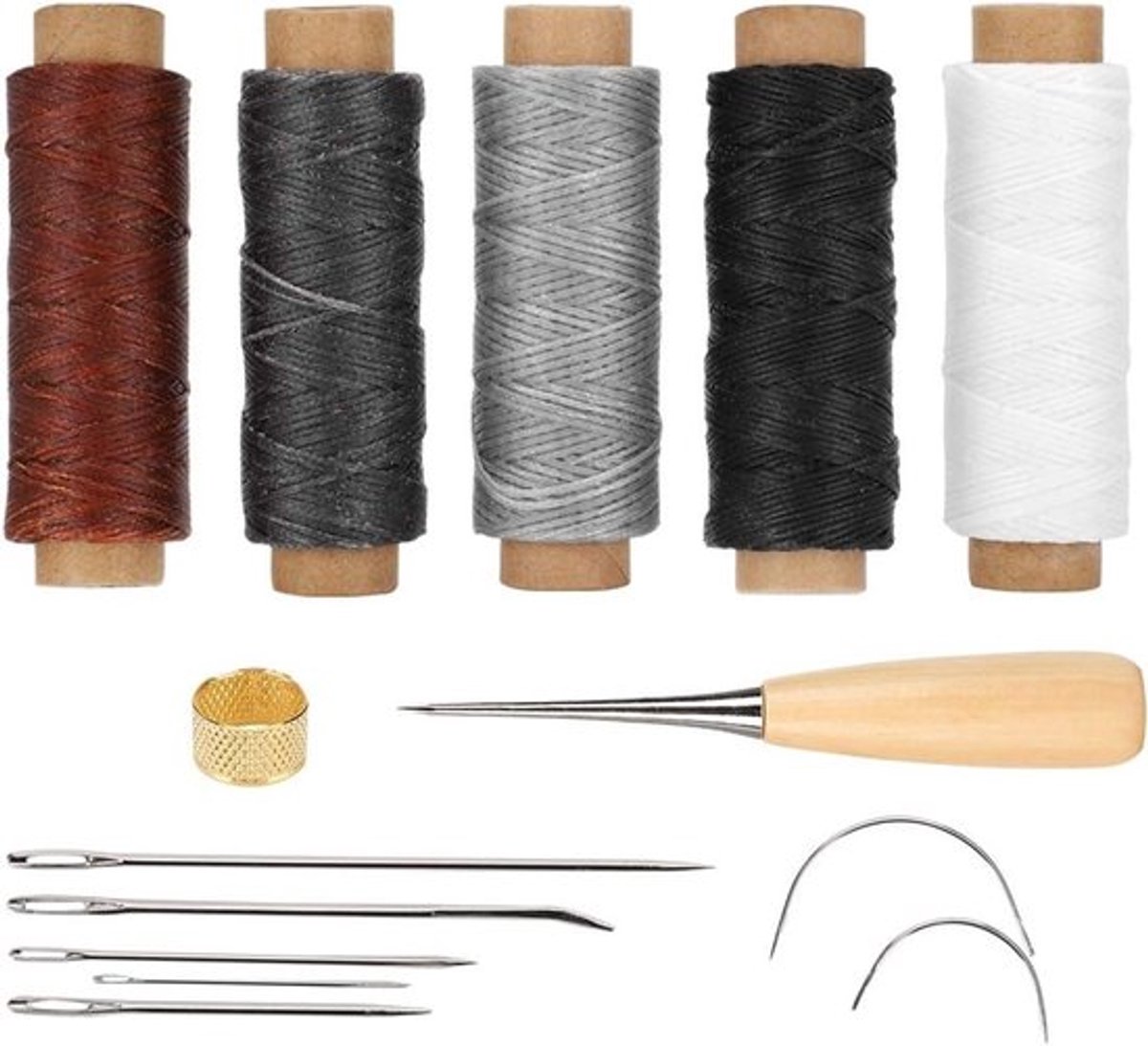 Leerbewerkingsgereedschapset met handnaalden, canvasdraad en grote oogstitchingnaalden voor beginners en reparatie van leer.