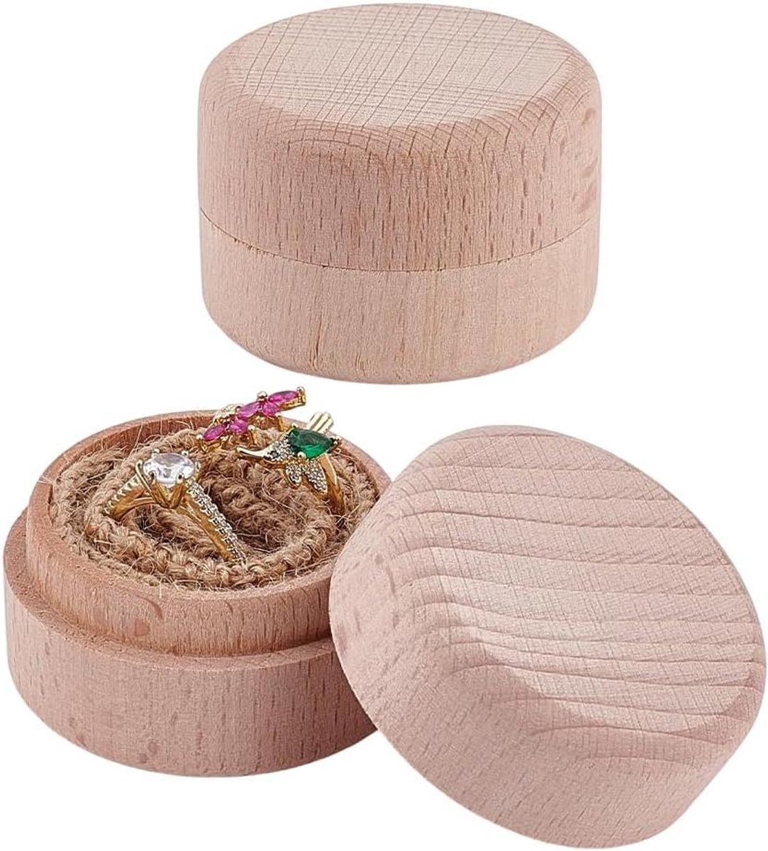 Houten Ring Doosjes - Juwelendoosjes Rond - Sieraden Opbergen - Met Beschermende Voering - 51.5mm Diameter - Houtkleur