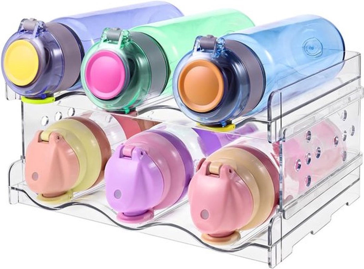 Flessenhouder voor koelkast en keuken, stapelbare flessenopslag, wijnorganizer, 2-pack met 3 containers per rek