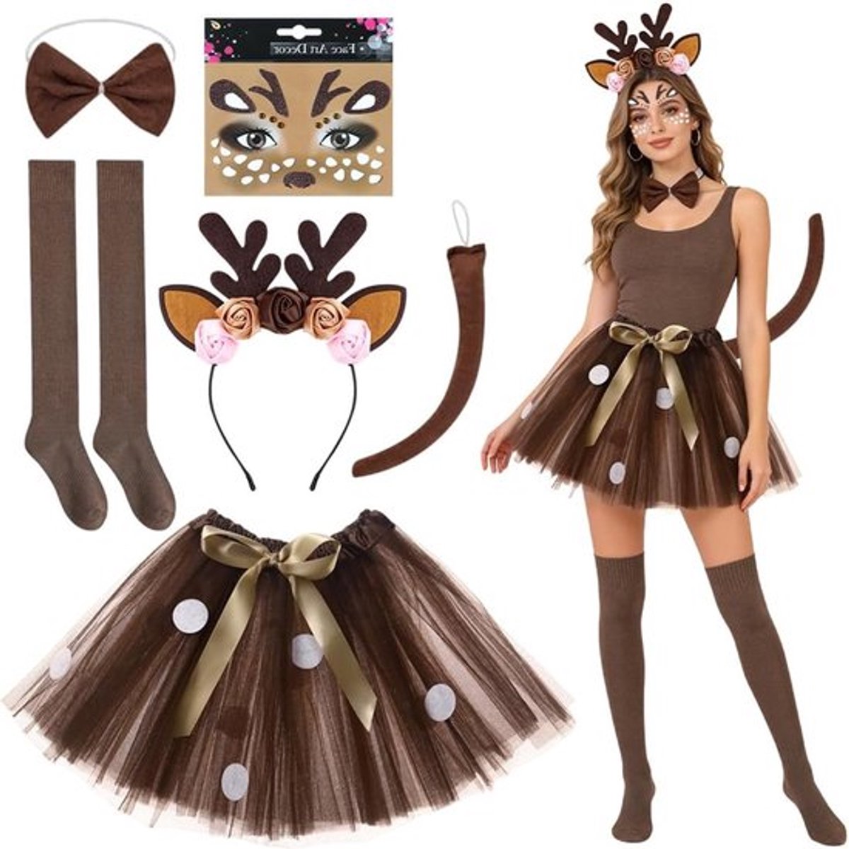6-delige Dames Rendier Kostuum voor Carnaval met Hoofdband, Staart en Tulle Rok in Bruin