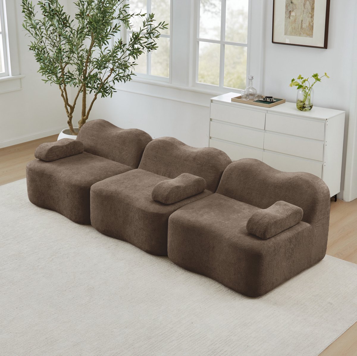 MEUNIQ 3-zits modulaire bank 288 x 98 x 70 cm, frameloos, 32D hoogdichtheidsschuim, diepe zit, velvet, woonkamer, bruin