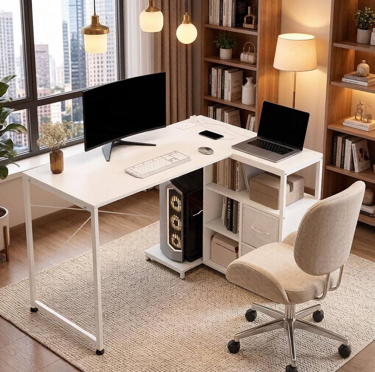 FloraGrace Hoekbureau - Omkeerbaar L Vormig Bureau Met Stroomaansluiting En Opbergruimte - Wit - 120 X 80 X 76 Cm