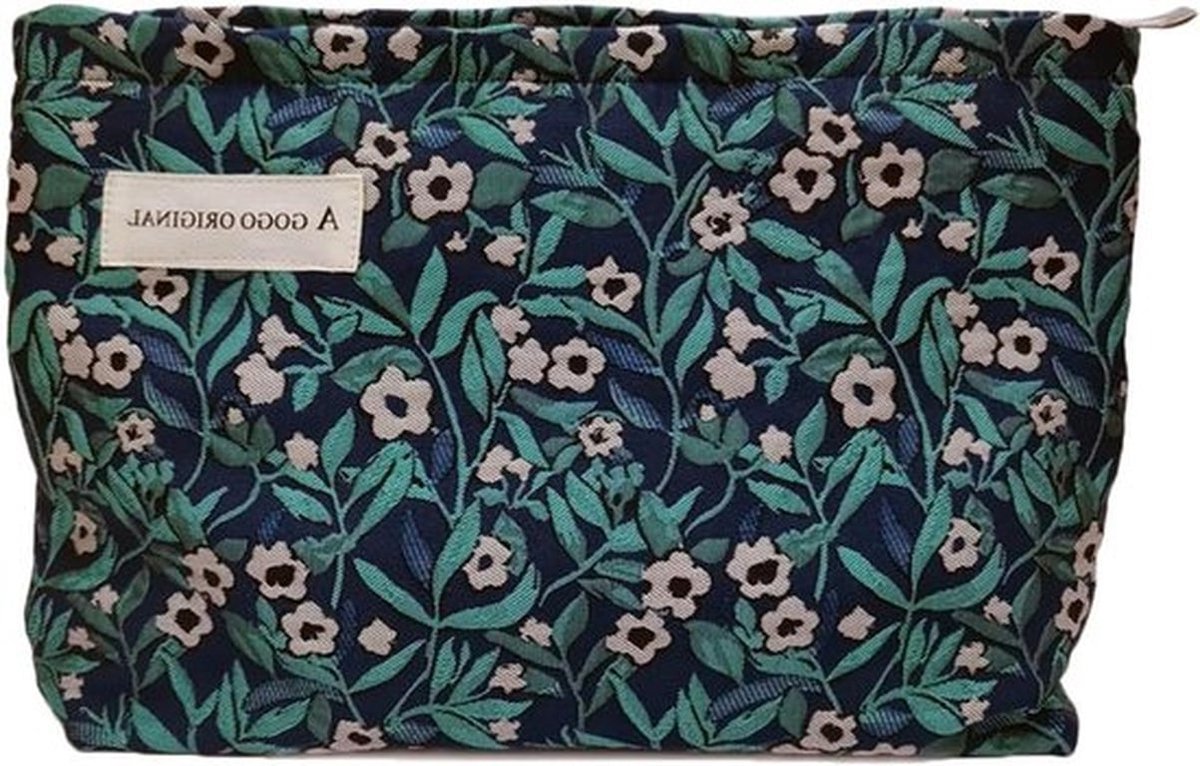 Grote Cosmetica Tas van Corduroy, Vintage Toilettas met Rits, Organiser voor Make-up en Toilettas voor Vrouwen en Meisjes (10.2"x7.5"), Zachte Beauty Case in Zwart en Groen, Reisaccessoire