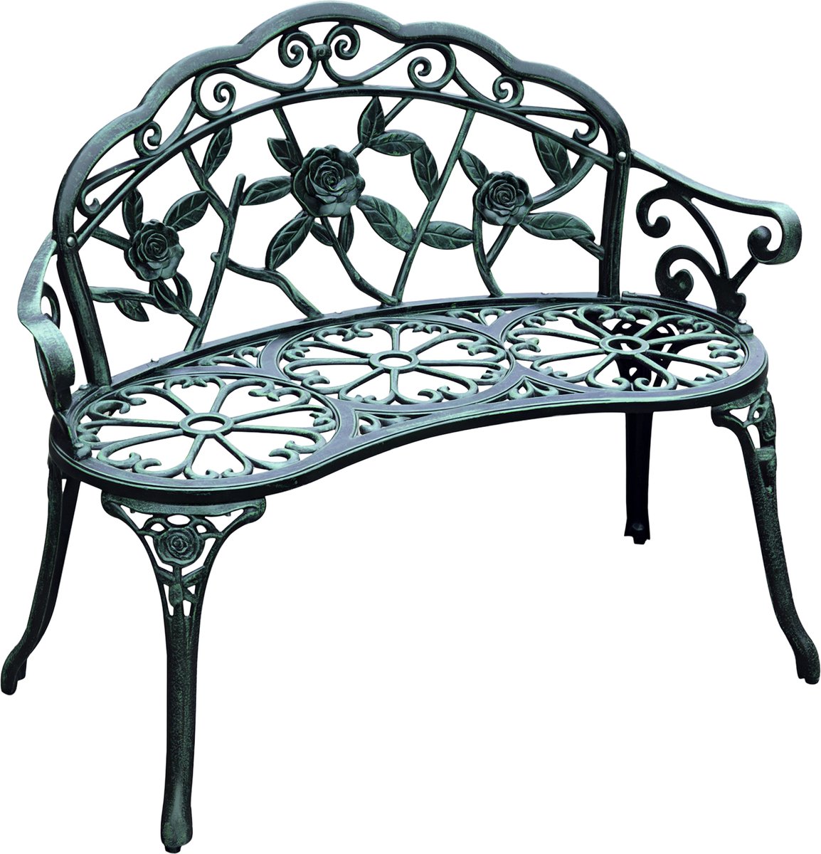Tuinbank parkbank zitbank bank tuinmeubel tweezitter metaal 100 x 54 x 78 cm, Rozenpatroon, fijnlijnig ontwerp, Gietaluminium, groen